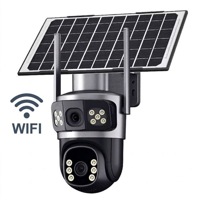 Camera de supraveghere video dubla, panou solar, conexiune WIFI, 6MP, HD, 355° , IP66, Alarma, microfon, senzor miscare, Miromoto®