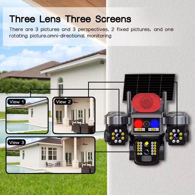 Camera De Supraveghere Tripla, Panou Solar 8W, 4G lte SIM Slot, 12MP (4+4+4), HD, Smart ir, Impermeabil, Alarma cu sirena, Tracking, aplicatie V380, Miromoto®