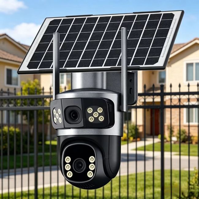 Camera de supraveghere video dubla, panou solar, conexiune WIFI, 6MP, HD, 355° , IP66, Alarma, microfon, senzor miscare, Miromoto®