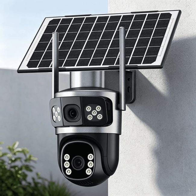 Camera de supraveghere video dubla, panou solar, conexiune WIFI, 6MP, HD, 355° , IP66, Alarma, microfon, senzor miscare, Miromoto®