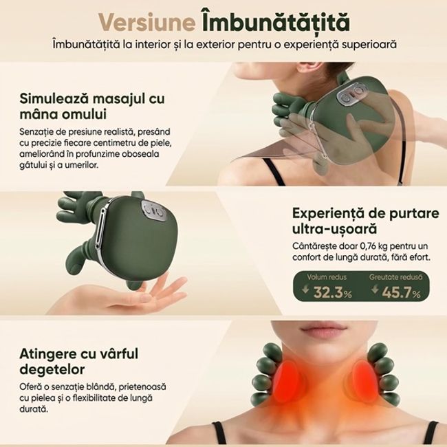 Aparat pentru masaj cervical 4D, pentru gat si umeri, masaj ce imita mana umana, fara fir, cu incalzire, 3 trepte de intensitate, ergonomic, pentru spate si picioare, verde