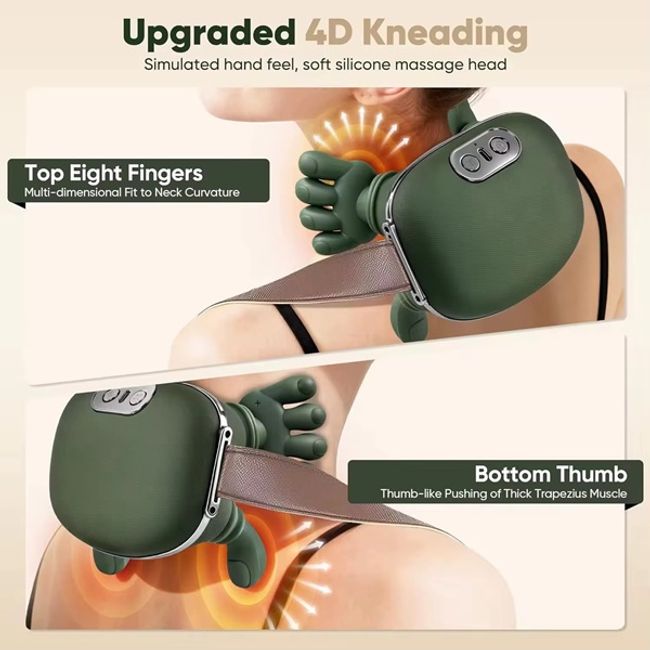 Aparat pentru masaj cervical 4D, pentru gat si umeri, masaj ce imita mana umana, fara fir, cu incalzire, 3 trepte de intensitate, ergonomic, pentru spate si picioare, verde