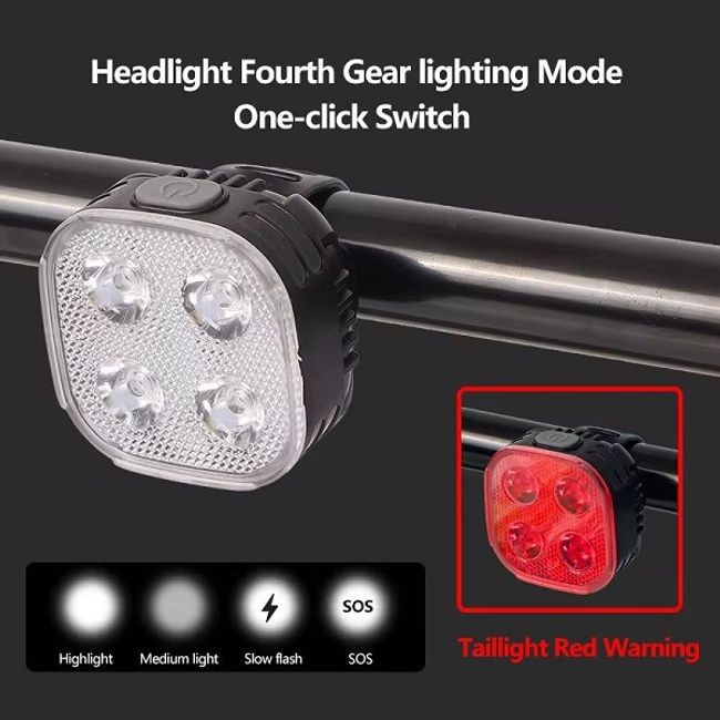 Set lumini pentru bicicleta far, moduri de iluminare, 120lm, lumina stop spate LED, Impermeabil IPX65, Incarcare USB, acumulator incorporat 800 mAh, 4 Leduri, accesorii bicicleta