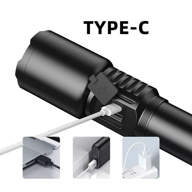 Lanterna reincarcabila, LED, 5 moduri iluminare, 2000lm, Type C, acumulator 26650, zoom, 6500k, aluminiu, Miromoto