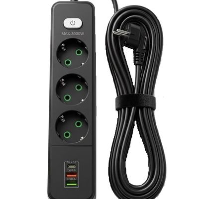 Prelungitor inteligent cu 3 prize, porturi USB & USB-C Fast Charge, max 3000W, lungime cablu 5 metri, negru