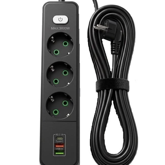 Prelungitor inteligent cu 3 prize, porturi USB & USB-C Fast Charge, max 3000W, lungime cablu 5 metri, negru