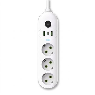 Prelungitor inteligent cu 3 prize, porturi USB & USB-C Fast Charge, max 2200W, lungime cablu 2 metri, alb