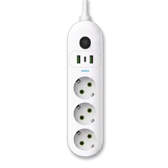 Prelungitor inteligent cu 3 prize, porturi USB & USB-C Fast Charge, max 2200W, lungime cablu 2 metri, alb