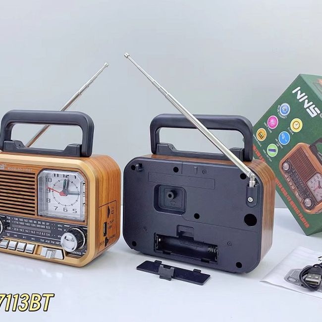 Radio portabil Retro NS-7113BT, acumulator incorporat, Bluetooth, USB, SD Card, FM/AM/SW, ceas