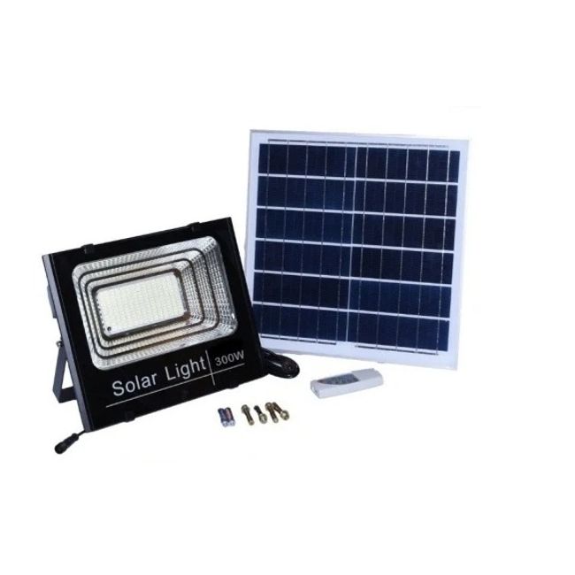 Proiector cu panou solar, 300 W, 6500 K, cu telecomanda inclusa si senzor de lumina, ip66