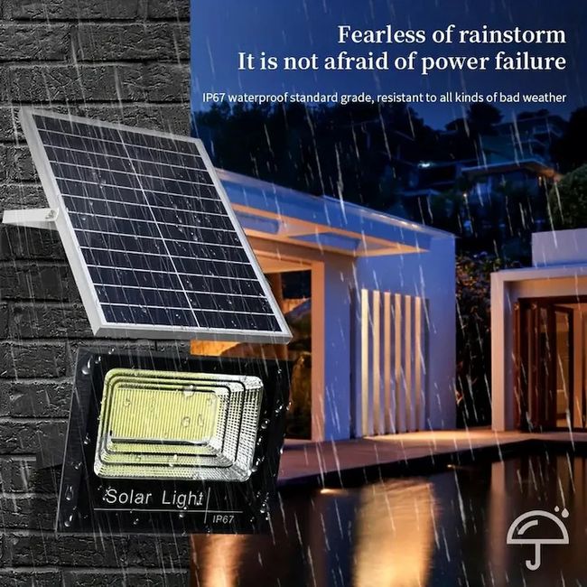 Proiector cu panou solar Jortan, 60 W, IP66, 6500 K, cu telecomanda inclusa si senzor de lumina