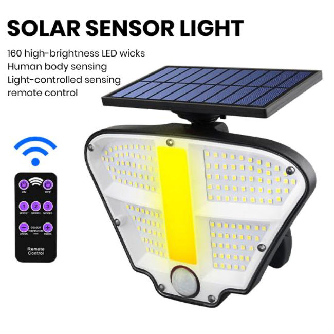 Lampa solara LED cu senzor de miscare si telecomanda,160 x LED, 400 lm, IP 65, 3 surse de iluminare