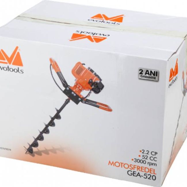 Motoburghiu pamant, Motoforeza Evotools GEA 520 EPTO, pe benzina, 2 timpi, burghiu inclus 150 mm
