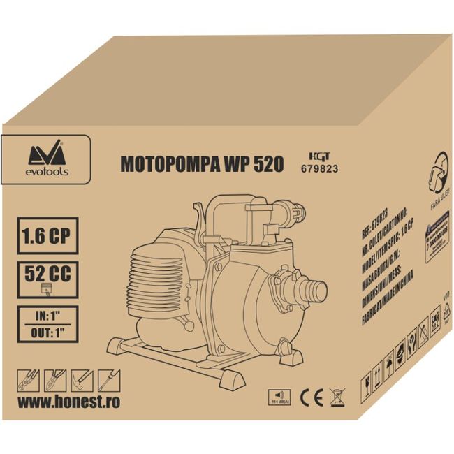 Motopompa WP 520 Evotools, Benzina, 2 Timpi, Diametru intrare/refulare 1 Tol, 133 L/min, 1.6 CP, Refulare 22 M, Autonomie Maxim 40min