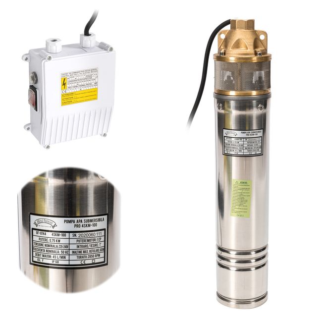 Pompa submersibila cu turbina, Micul Fermier GF-0744, 4SKM-100, 1300 W, refulare 60 m, 3m³/h, panou de comanda, bobinaj cupru