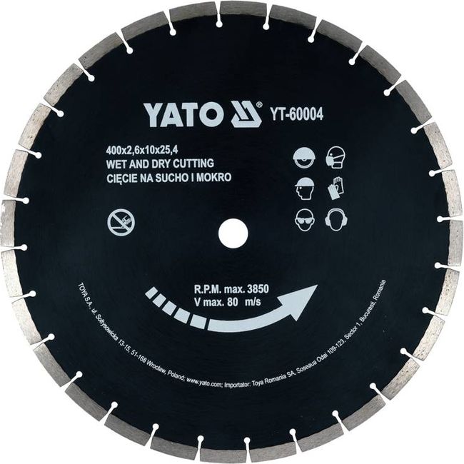 Disc diamantat de taiere segmentat, 400x25.4x3.6 mm, taiere umeda si uscata, Yato YT-60004