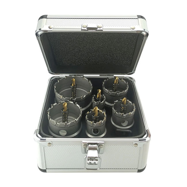 Set 6 carote cu vidia pentru metal cu burghiu din titan 22-65 mm, cutie metal