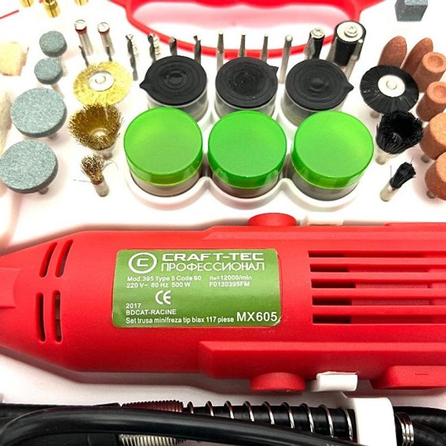 Mini polizor / aparat de gravat Craft-Tec MX605, 500 W, 117 accesorii, 12000 RPM