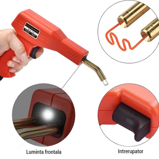 Kit pistol pentru lipit/sudat plastic, 4 tipuri de capse, cutie de transport, kit pentru repararea fisurilor din plastic, polipropilena, 200 capse de intarire, putere 50W
