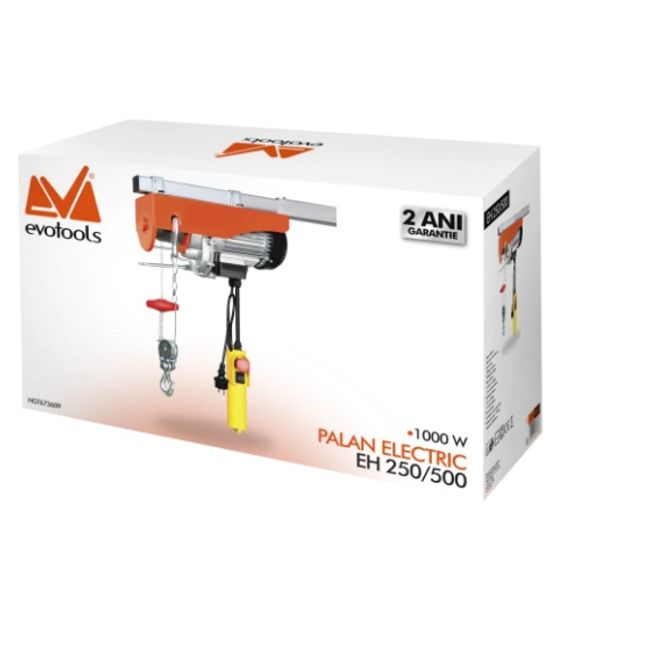 Electropalan / troliu electric, Evotools 673609, 250 / 500 Kg , 1100 W, 12 / 6 m