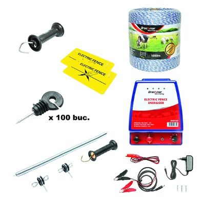 Kit complet gard electric 12/220V, 3.5 Joule, lungime fir 1000m, 100 izolatori, maner, poarta si 2 placute avertizare Breckner Germany
