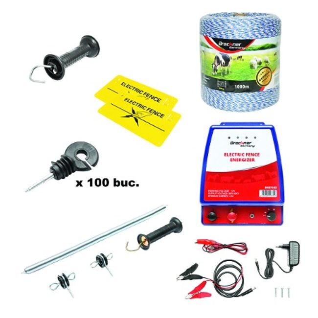 Kit complet gard electric 12/220V, 3.5 Joule, lungime fir 1000m, 100 izolatori, maner, poarta si 2 placute avertizare Breckner Germany