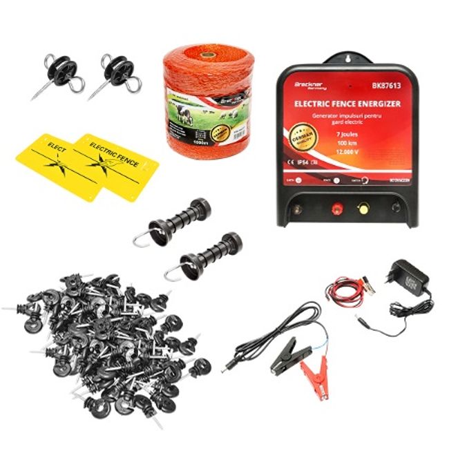 Kit complet gard electric 12/220V, 7 Joule lungime fir 1000m, 100 izolatori si placute avertizare Breckner Germany