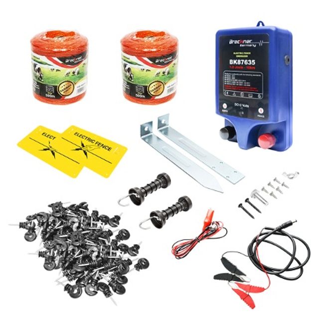 Kit complet gard electric 12V, 1 Joule, lungime fir 1000m, 200 izolatori, 2 manere poarta si 2 placute avertizare Breckner Germany
