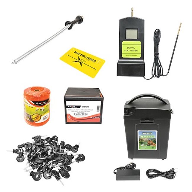 Kit complet gard electric 9/12V, 0,7 Joule, lungime fir 500m, 100 izolatori, manere poarta, placuta avertizare si baterie uscata (nereincarcabila) 9V/90Ah Breckner Germany