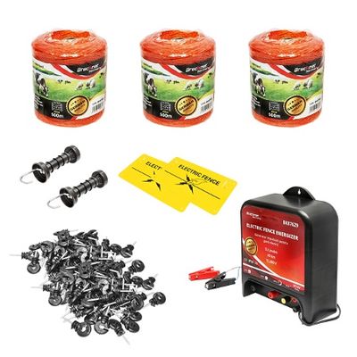 Kit complet gard electric 12V 2.5 Joule, lungime fir 1500m, 200 izolatori si placute avertizare Breckner Germany