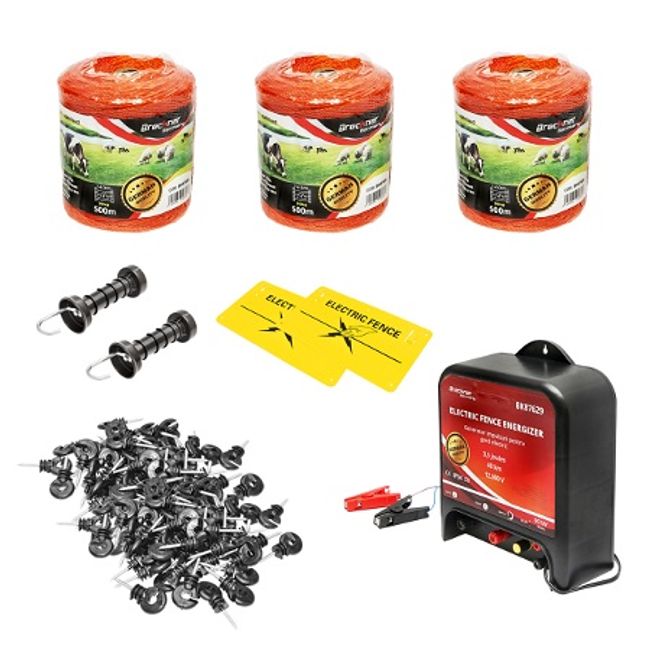 Kit complet gard electric 12V 2.5 Joule, lungime fir 1500m, 200 izolatori si placute avertizare Breckner Germany