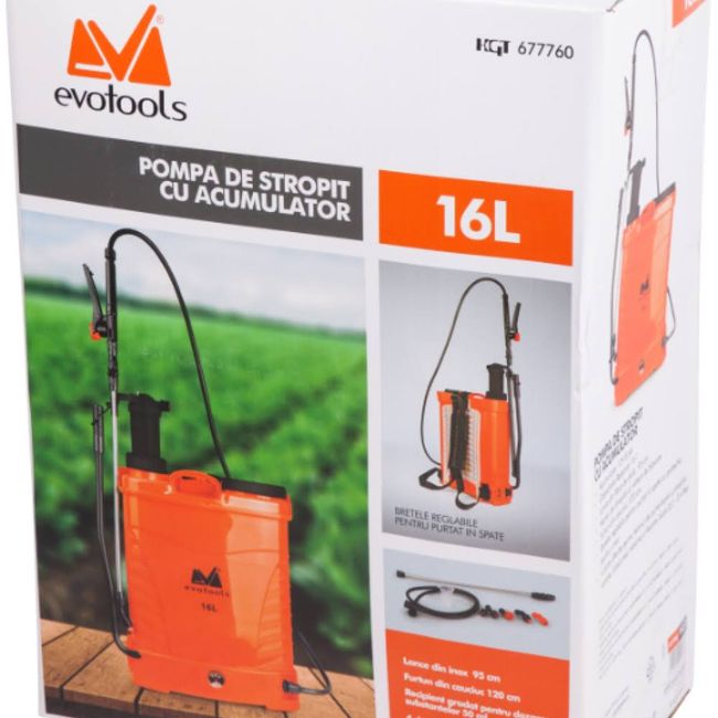 Pompa de stropit, electrica si manuala (2 in 1), Evotools, 12V, 8A, tip rucsac, rezervor 16L