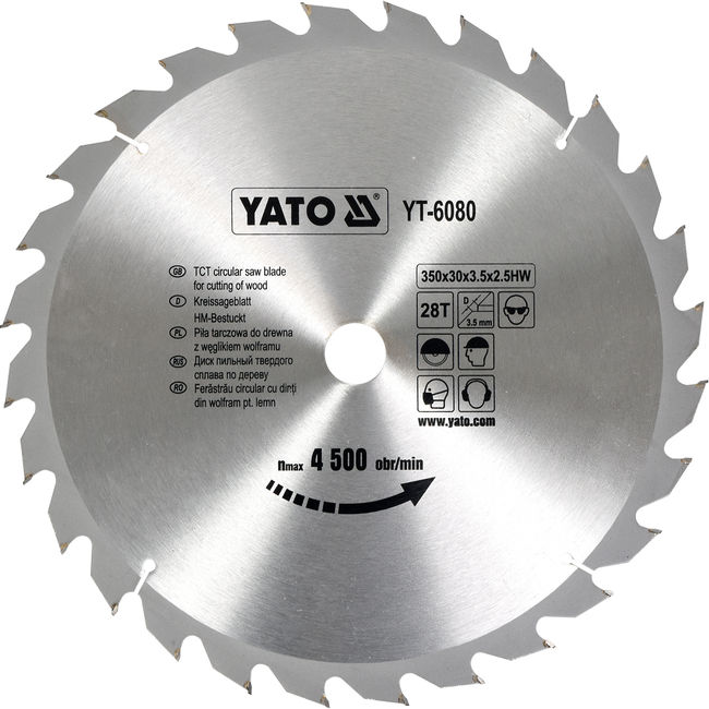 Disc cu Vidia pentru lemn, diametru 350 mm, Interior 30 mm, 28 dinti, Yato YT-6080