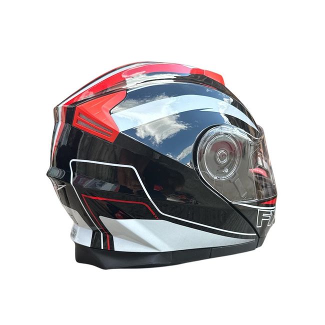 Casca moto flip up cu ochelari de soare, Model Negru / Rosu / Alb, marimea L (59-60)