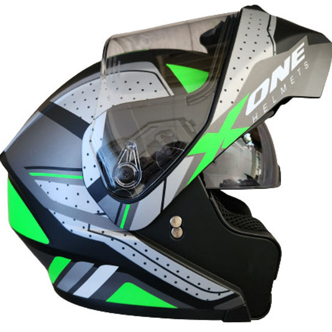Casca moto flip up X-One cu ochelari de soare, negru / verde, marimea L (59-60)