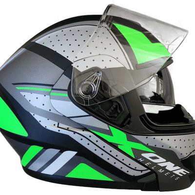 Casca moto flip up X-One cu ochelari de soare, negru / verde, marimea L (59-60)