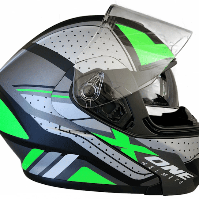 Casca moto flip up X-One cu ochelari de soare, negru / verde, marimea L (59-60)