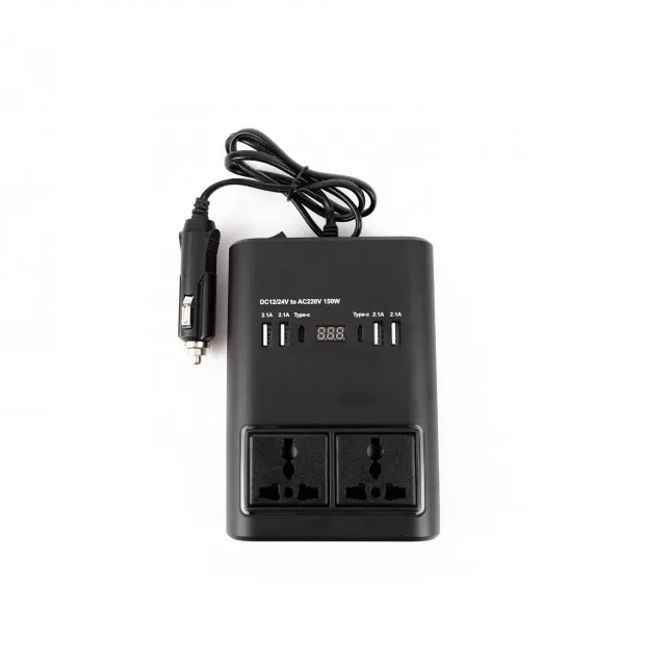 Invertor Auto 150W 12/24V DC la 220V AC cu 4xUSB/ 2x USB Type-C, 2xPort 220, Led Digital, Protectie Supraincalzire