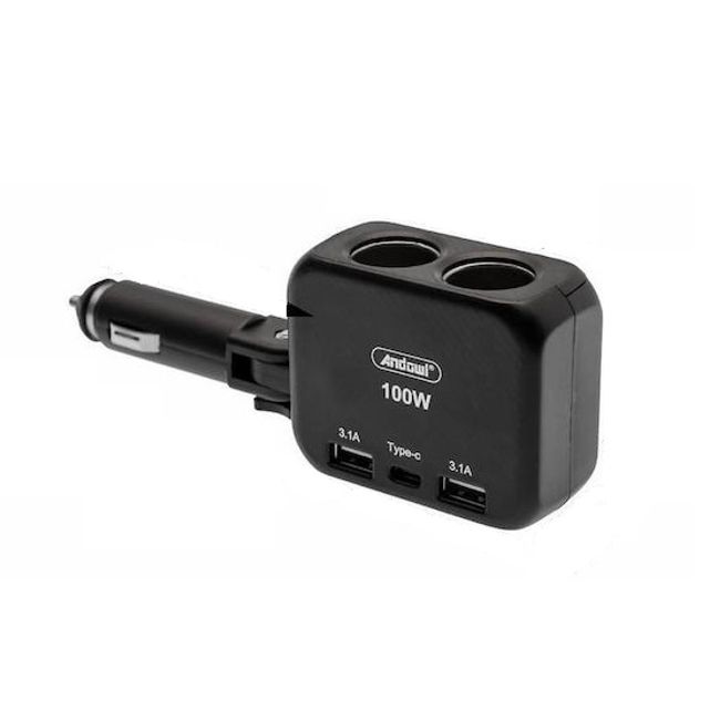 Adaptor Priza Auto, 100W, 2 x Soclu Auto, 2 x USB-A, 1 X USB-C, Rotire 90°, 12/24V