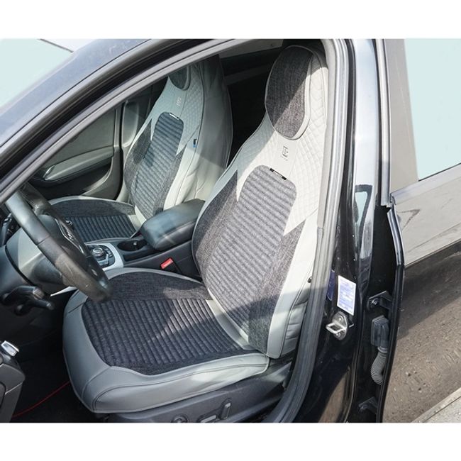 Set huse scaune auto Premium, gri-negru, universale, design sport ergonomic, piele ecologica cu insertii textile, 11 piese, geanta transport