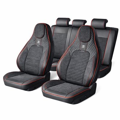 Set huse scaune auto Premium, negru-rosu universale, design sport ergonomic, piele ecologica cu insertii textile, 11 piese, geanta transport