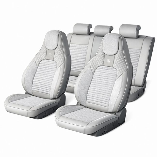 Set huse scaune auto Premium, crem-gri, universale, design sport ergonomic, piele ecologica cu insertii textile, 11 piese, geanta transport