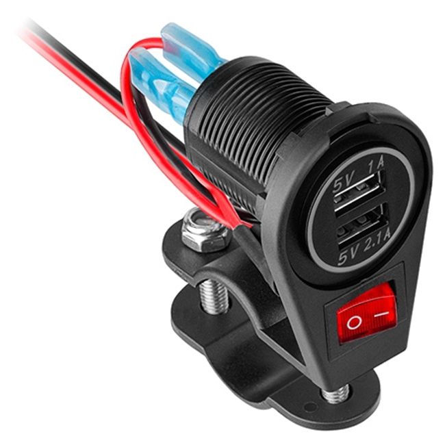 Incarcator Telefon, 2 x Porturi USB, pentru Motocicleta/Bicicleta Electrica, cu Buton, Fixare pe Ghidon sau Oglinda, Lungime Cablu 1.5M