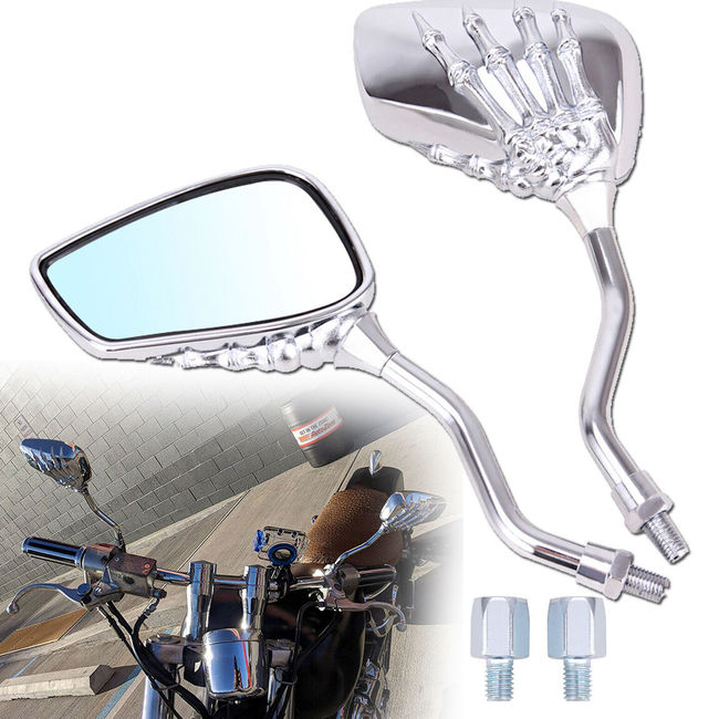 Set oglinzi moto si ATV, filet M8-M10, model retro Chopper mana schelet, culoare crom argintiu