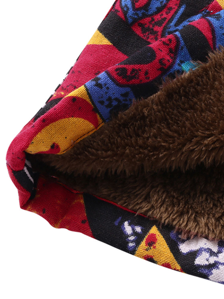 Vintage Women Full Sleeve Abstract Printed Button Hooded Coat
