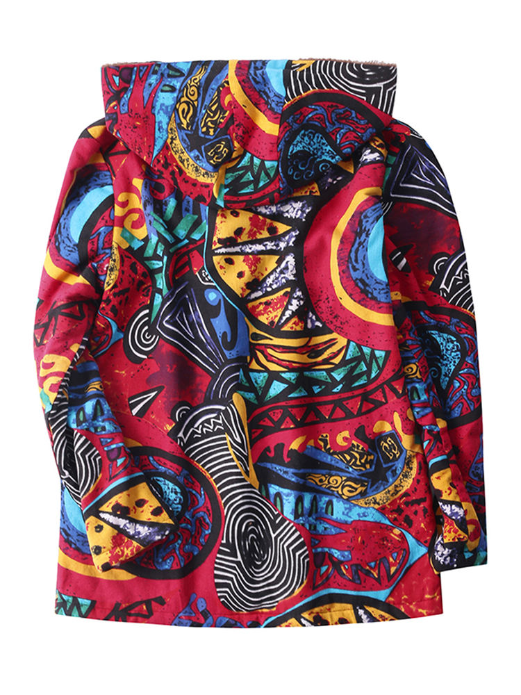 Vintage Women Full Sleeve Abstract Printed Button Hooded Coat