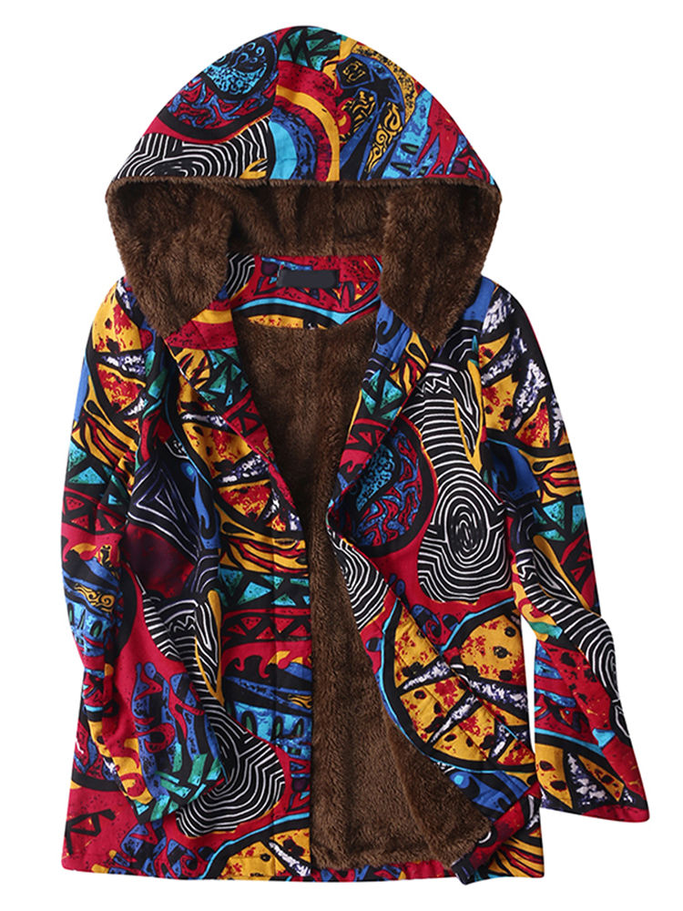 Vintage Women Full Sleeve Abstract Printed Button Hooded Coat