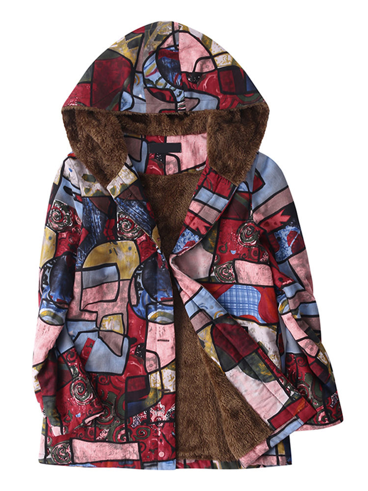Vintage Women Full Sleeve Abstract Printed Button Hooded Coat