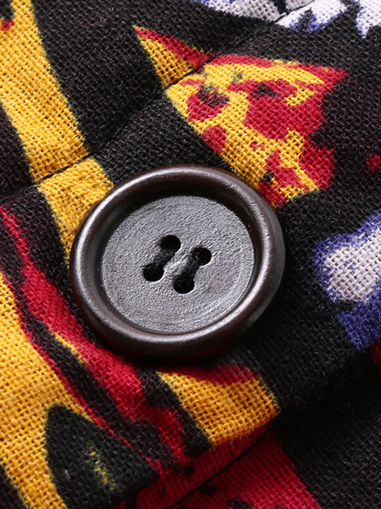 Vintage Women Full Sleeve Abstract Printed Button Hooded Coat