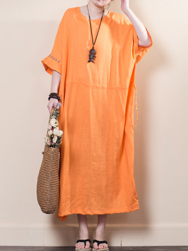 Vintage Women O-neck Loose Baggy Half Sleeve Dress